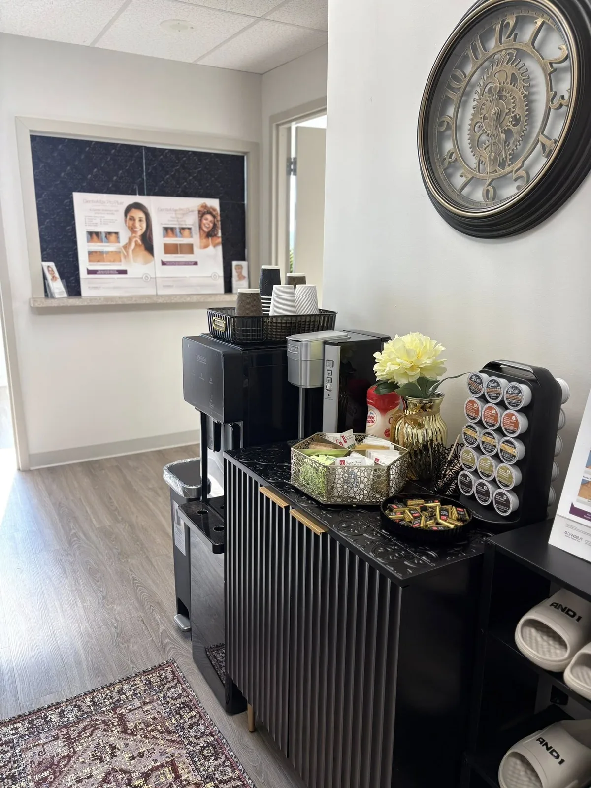 Premium refreshment bar with complimentary coffee and snacks at Apex Wellness Centre