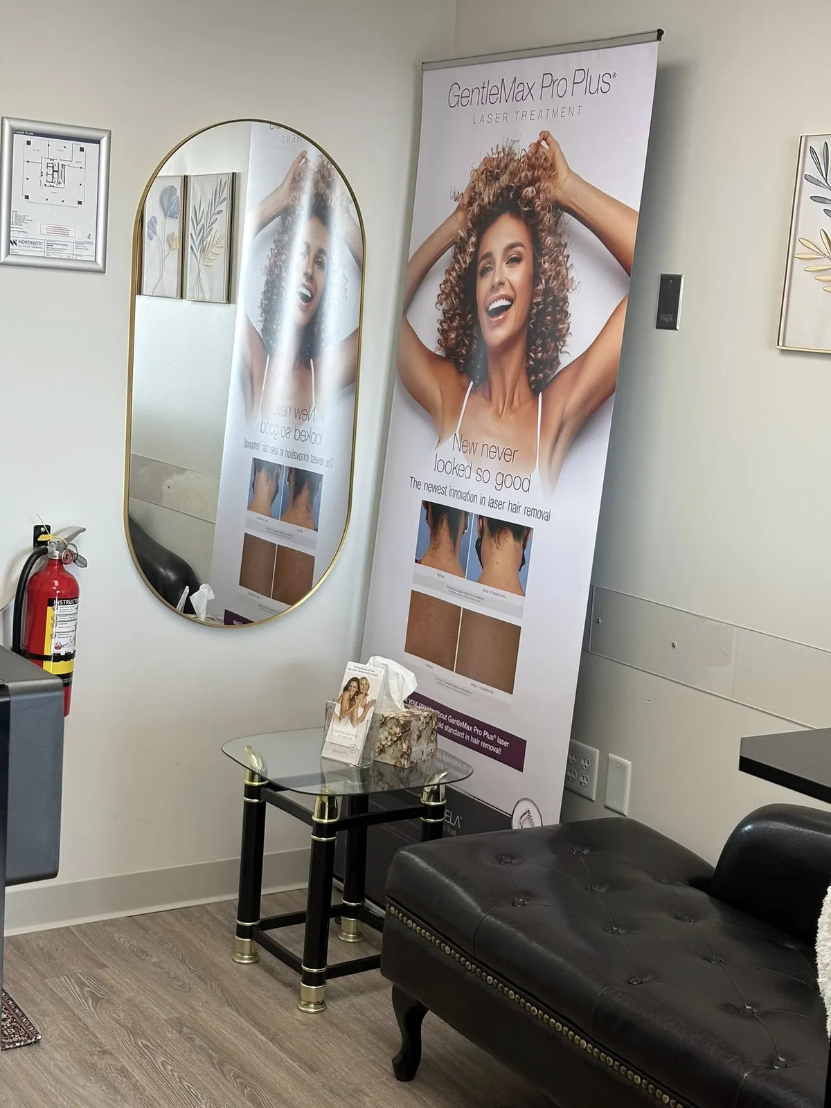 Apex Wellness welcome lounge with GentleMax Pro Plus display and elegant seating