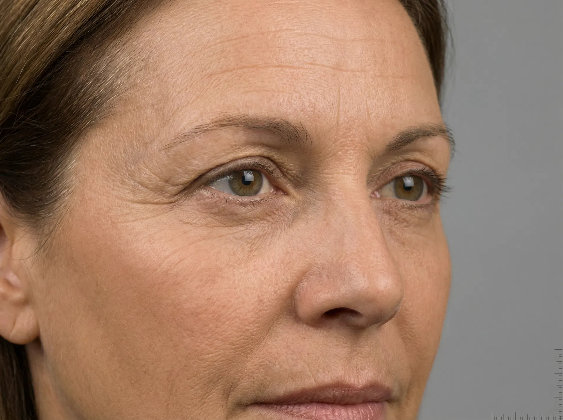 Close-up reference image showing visible fine lines and skin texture concerns around the eyes and face